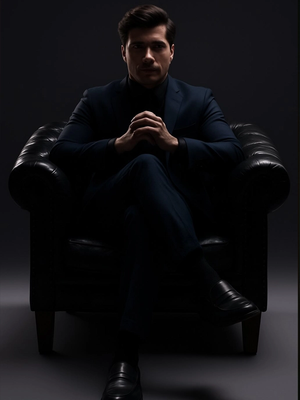 2. Power & Poise: Navy Suit in a Leather Chair
